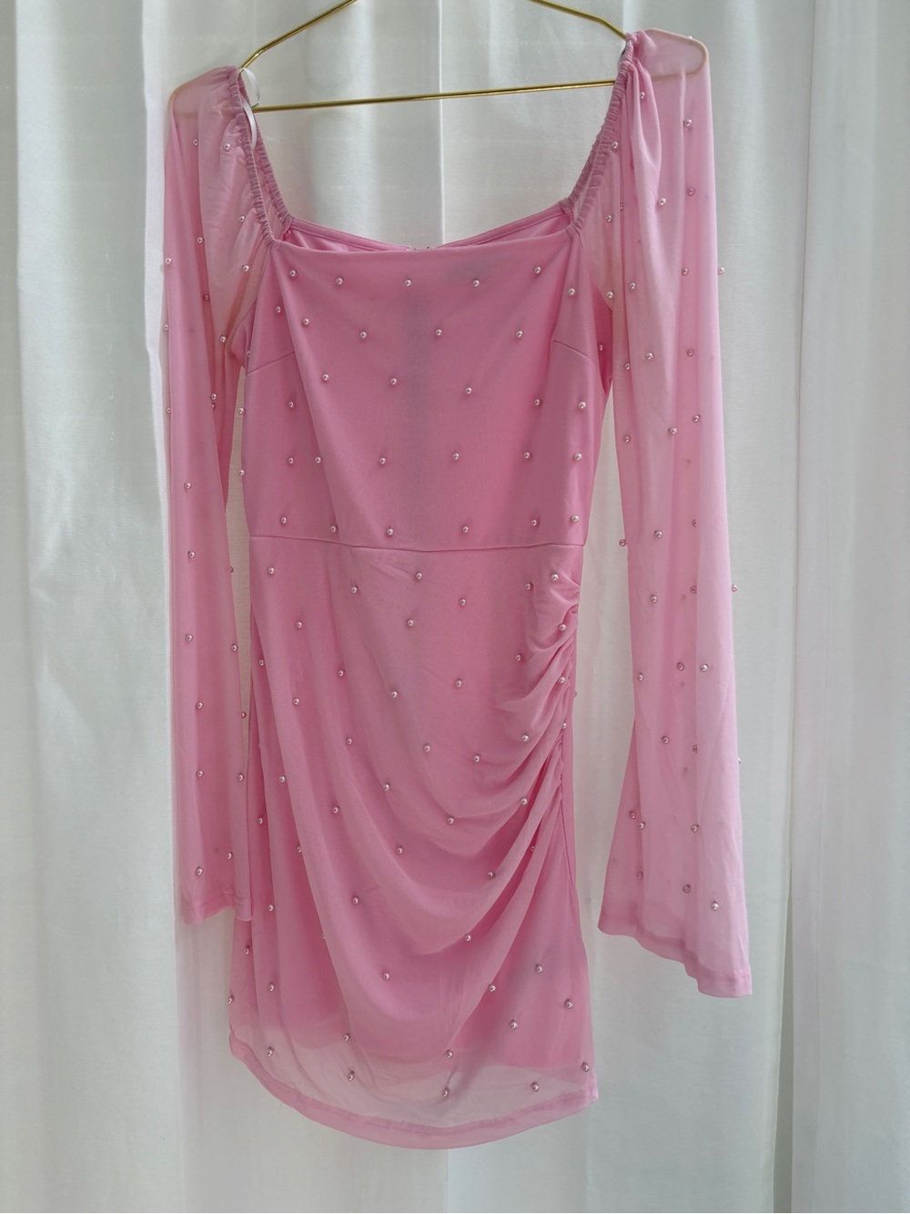 Lulu's Pink Embellished Long-Sleeve Mesh Dress